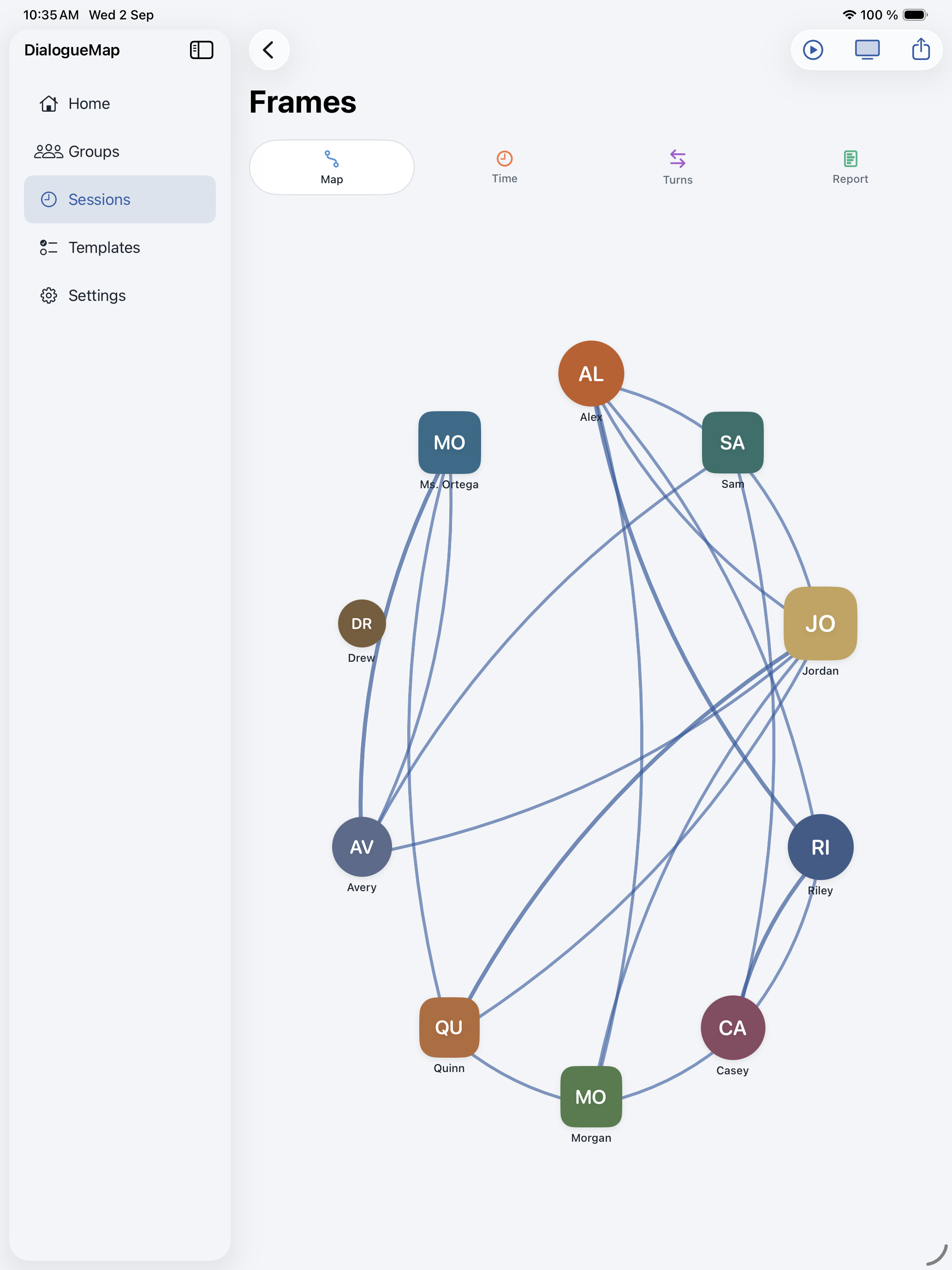 Frames view with time and turns metrics after a session.