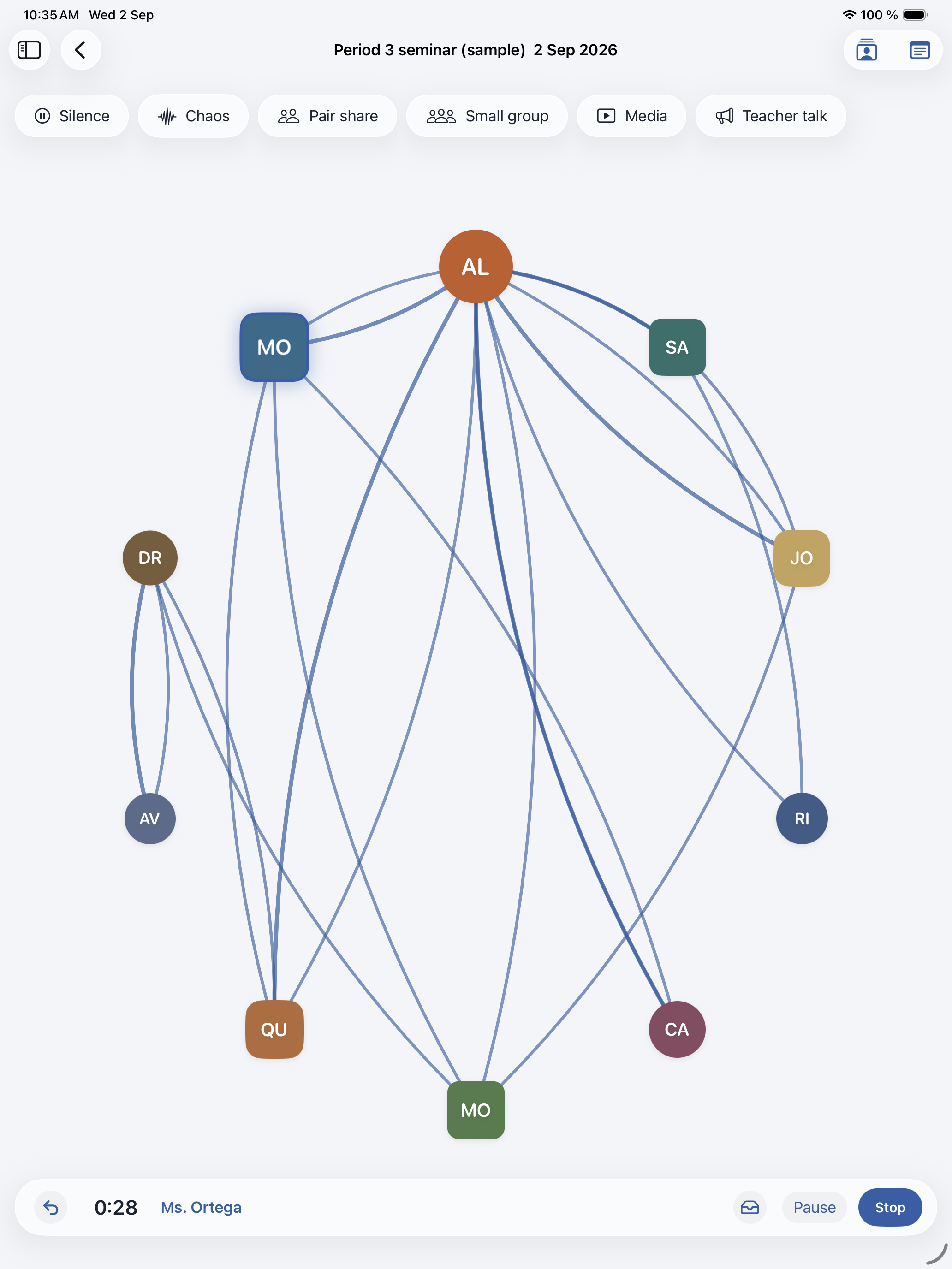 Saved session timeline and playback controls for a recorded discussion.