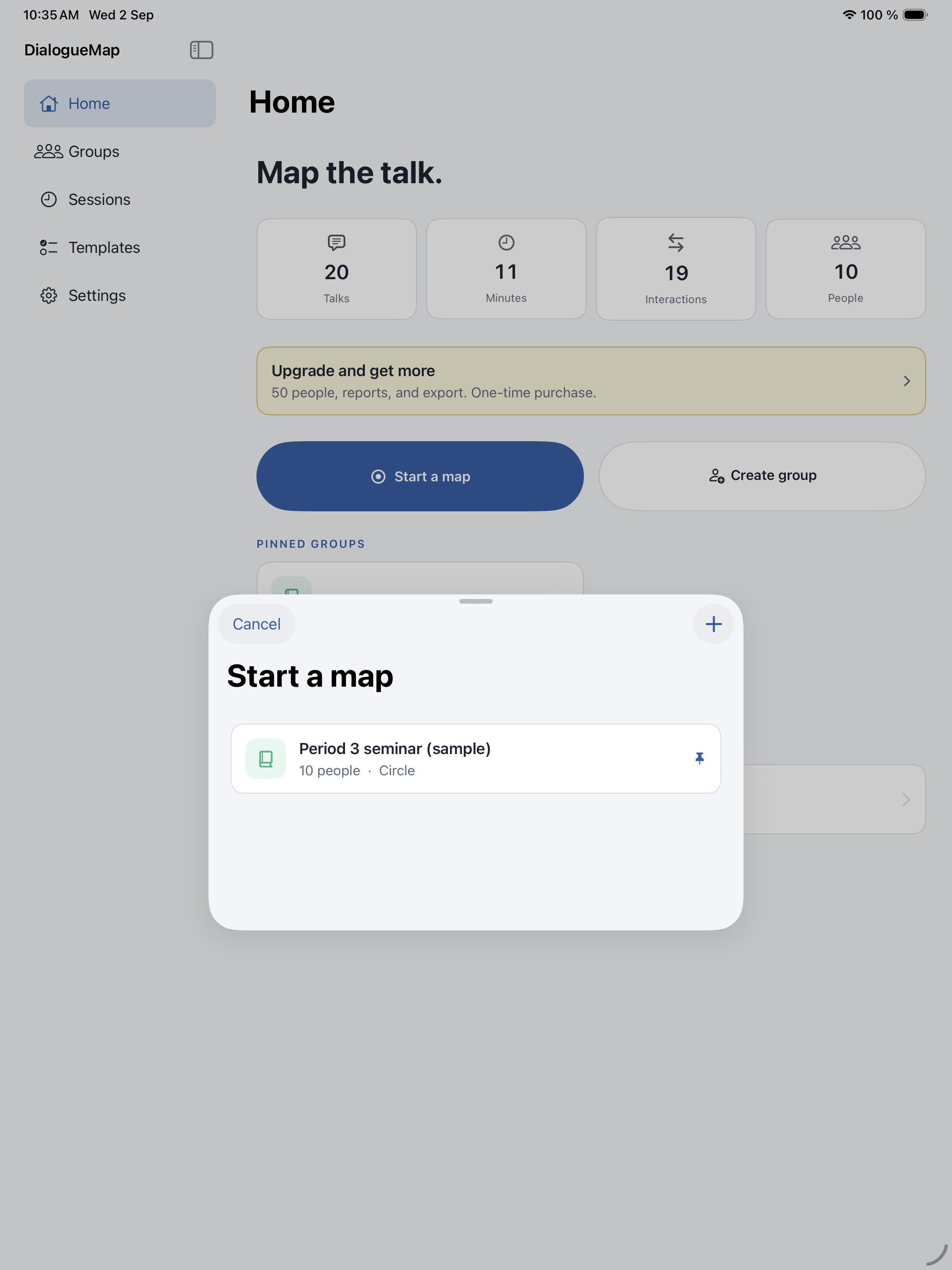 Start a map screen with group setup and seating controls.